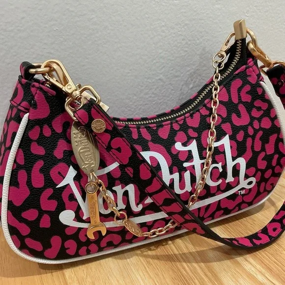 NEW Von Dutch HOT Pink Cheetah Print Shoulder Bag Detachable Chain Wrench Charm - Picture 4 of 11